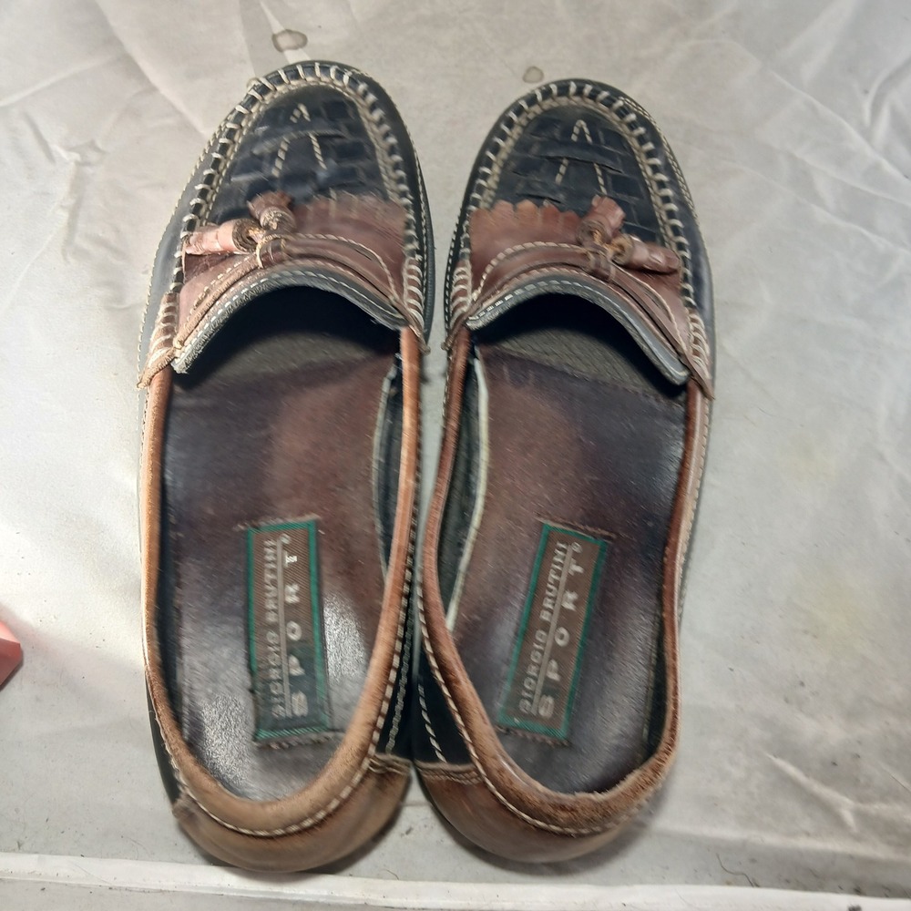 Giorgio Brutini Sport Loafers 10M Black Brown Kiltie Tassel Woven Leather Preppy - Picture 7 of 10